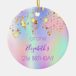 Birthday roze paarse holografische goudsterren keramisch ornament