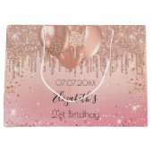 Birthday roze roze roos goudglitter druppelballonn groot cadeauzakje (Voorkant)