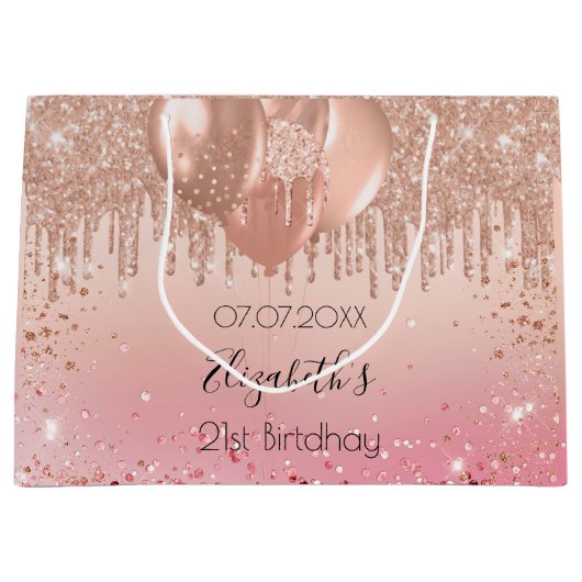 Birthday roze roze roos goudglitter druppelballonn groot cadeauzakje (Voorkant)