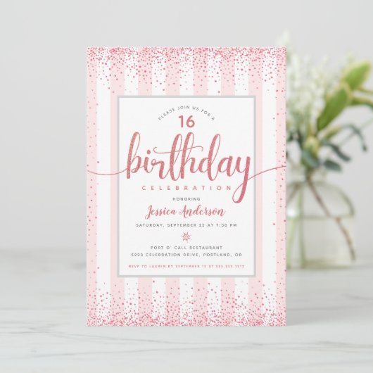 Birthday roze roze rozen goud glitter script aange kaart (Staand voorkant)