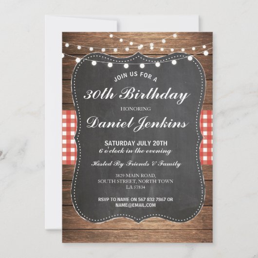 Birthday Rustic Red Check Lights Uitnodiging hout (Voorkant)