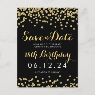 Birthday Save the Date Gold Glitter Confetti Black Aankondigingskaart