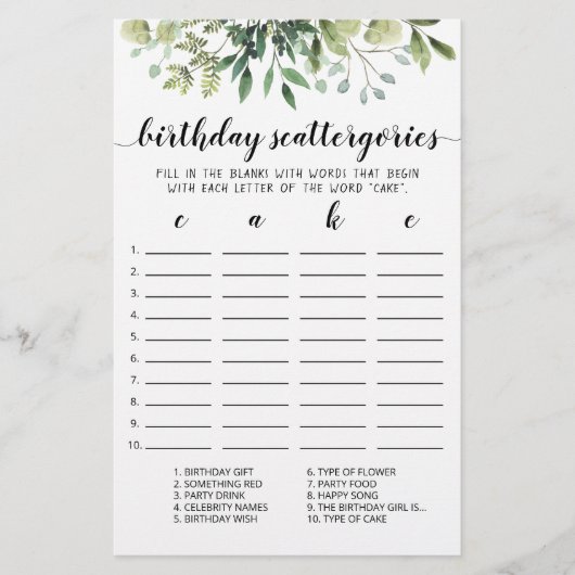 Birthday Scattergories editable game (Voorkant)