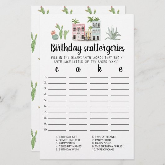 Birthday Scattergories editable game (Voorkant / Achterkant)