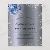 Birthday Silver Blauw Filals Glitter-uitnodiging (Voorkant)