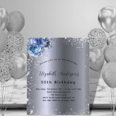 Birthday Silver Blauw Filals Glitter-uitnodiging