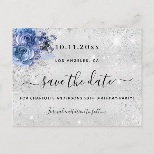 Birthday Silver Blauw Forals script behalve de dat Aankondigingskaart (Voorkant)