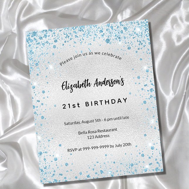 Birthday Silver Blauw Glitter-budgetuitnodiging (Creator heeft geüpload)