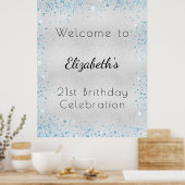 Birthday Silver Blue glitter stofnaam welkom Poster (Keuken)