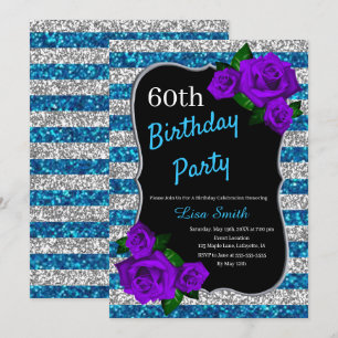 Birthday Silver Blue Stripes Glitter Paarse Rozen Kaart