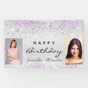 Birthday Silver Foto paarse glitter vrienden tweel Spandoek