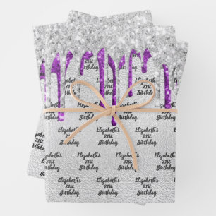 Birthday Silver Glitter druist paarse monogram Inpakpapier Vel