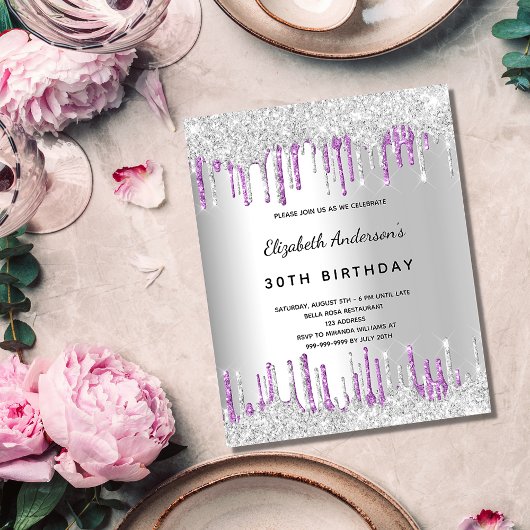 Birthday Silver Glitter paarse budgetuitnodiging Flyer