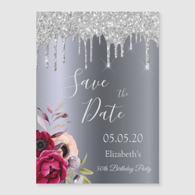 Birthday Silver Glitter Save the Date magnet (Voorkant)
