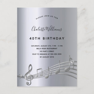 Birthday Silver muzieknoten metal, 50e uitnodiging Briefkaart
