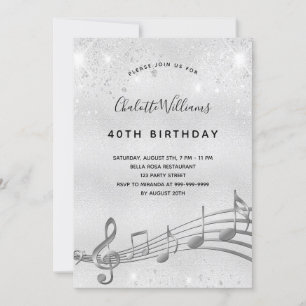 Birthday Silver muzieknoten metal glitter 40th Kaart