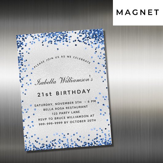 Birthday Silver Navy Blue glitter luxe Magnetische Uitnodiging