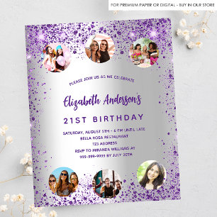 Birthday Silver paars Fotobudgetuitnodiging Flyer