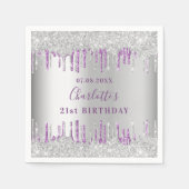 Birthday Silver paarse glitter drip monogram Servet (Voorkant)