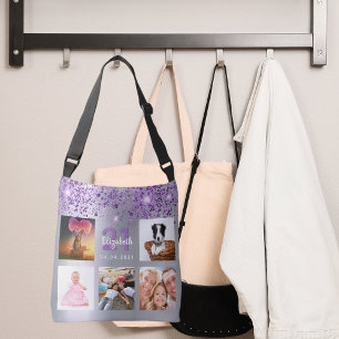 Birthday Silver paarse glitter foto collage naam Crossbody Tas