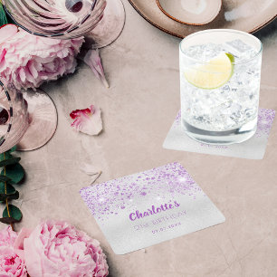 Birthday Silver paarse glitter monogram Vierkante Kartonnen Onderzetter