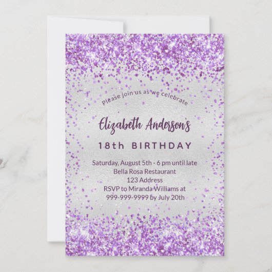 Birthday Silver paarse violet glitter luxe Kaart (Voorkant)