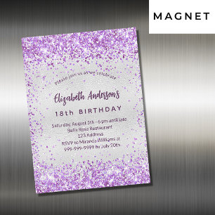 Birthday Silver paarse violet glitter luxe Magnetische Uitnodiging
