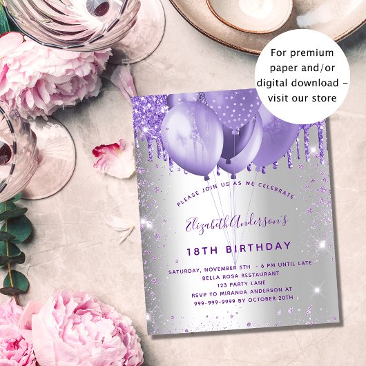 Birthday Silver violet glitter budget uitnodiging Flyer