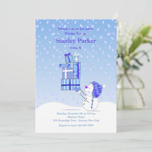 Birthday Snowman Blue Invitation Kaart (Staand voorkant)