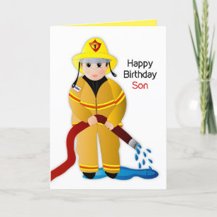 Birthday Son Firefighter with Water Hose Card Kaart