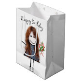 Birthday Stick Figuur Girl met Bouquet Medium Cadeauzakje (Voorkant Gekanteld)