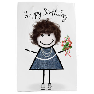 Birthday Stick Figuur Girl met Bouquet Medium Cadeauzakje