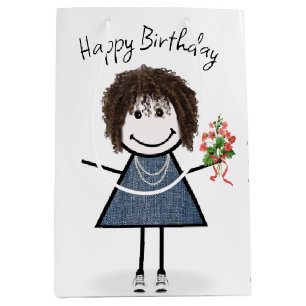 Birthday Stick Figuur Girl met Bouquet Medium Cadeauzakje