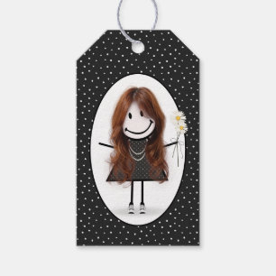 Birthday Stick Figuur Girl met Daisies Cadeaulabel