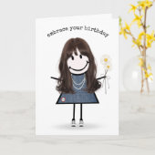 Birthday Stick Figuur Girl met Daisies Kaart (Gele Bloem)