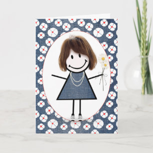 Birthday Stick Figuur Girl met Daisies Kaart