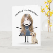 Birthday Stick Figuur Girl met Golden Retriever Kaart (Gele Bloem)