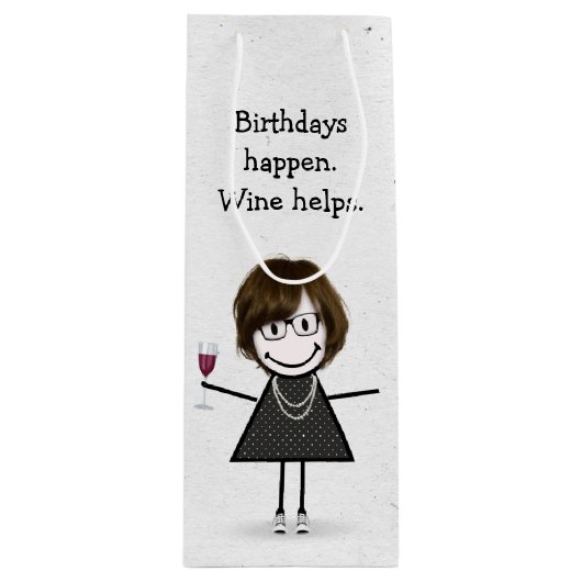 Birthday Stick Figuur Girl met Red Wine Glass Wijn Cadeautas (Voorkant)