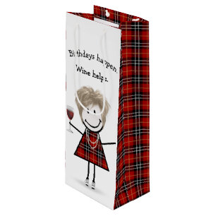 Birthday Stick Figuur Girl met rode wijn Cadeautas