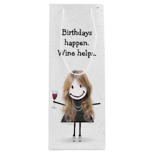 Birthday Stick Figuur Girl met rode wijn Cadeautas