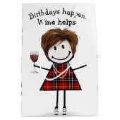 Birthday Stick Figuur Girl met rode wijn Medium Cadeauzakje (Voorkant)