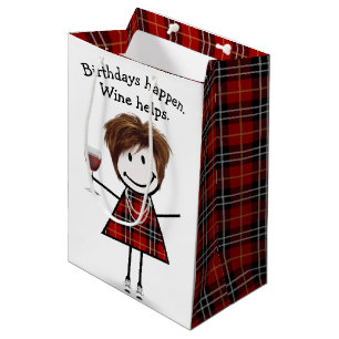 Birthday Stick Figuur Girl met rode wijn Medium Cadeauzakje