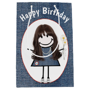 Birthday Stick Figuur Girl op Denim Medium Cadeauzakje
