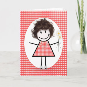 Birthday Stick Figuur Girl op Red Gingham Kaart