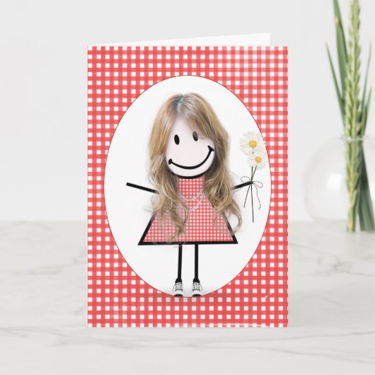 Birthday Stick Figuur Girl op Red Gingham Kaart (Voorkant)