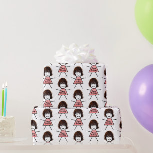 Birthday Stick Girl met Gingham Dress Cadeaupapier