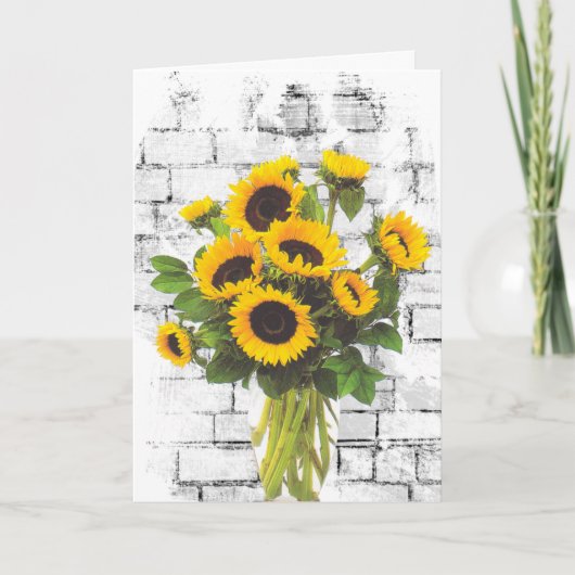 Birthday Sunflower Bouquet op Brick Wall Kaart (Voorkant)