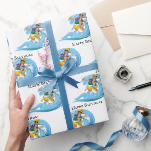 Birthday Surfer op Blue Wave Cadeaupapier