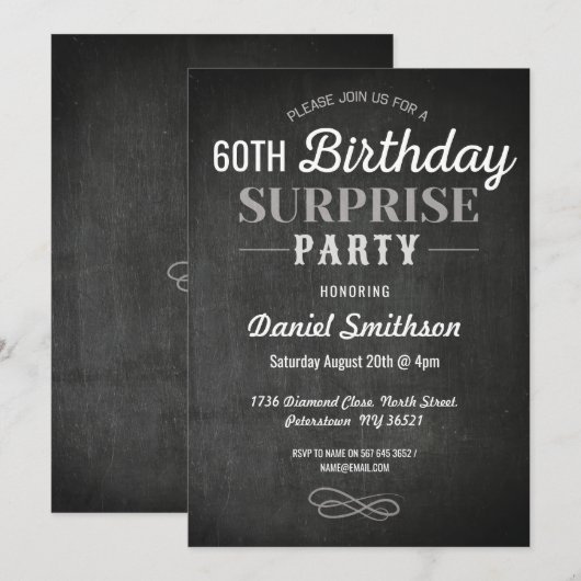 Birthday Surprise Rustic Chalk Mannen Womens Invit Kaart (Voorkant / Achterkant)