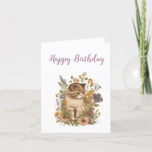 Birthday. Tabby Kitten met bloemen. Bedankkaart